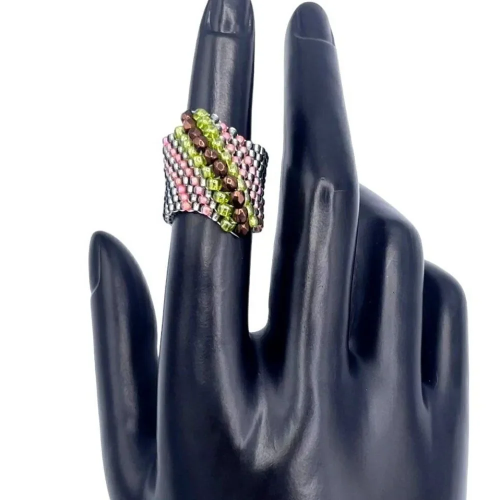 Silver with Yellow and Bronze Crystal Cellini Spiral Statement Ring Size 6